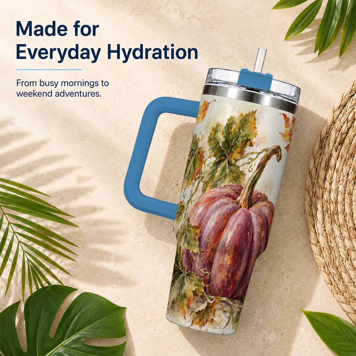 #pl[40oz|Blue] Watercolor Pumpkin 40oz Tumbler with Handle, Fall Stainless Steel Cup