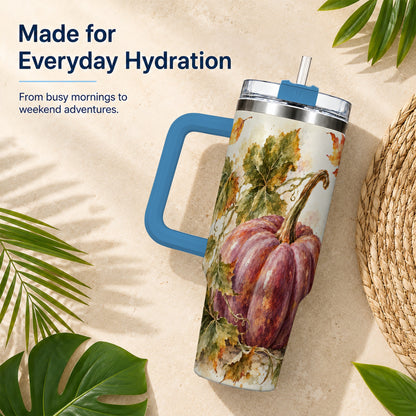 #pl[40oz|Blue] Watercolor Pumpkin 40oz Tumbler with Handle, Fall Stainless Steel Cup