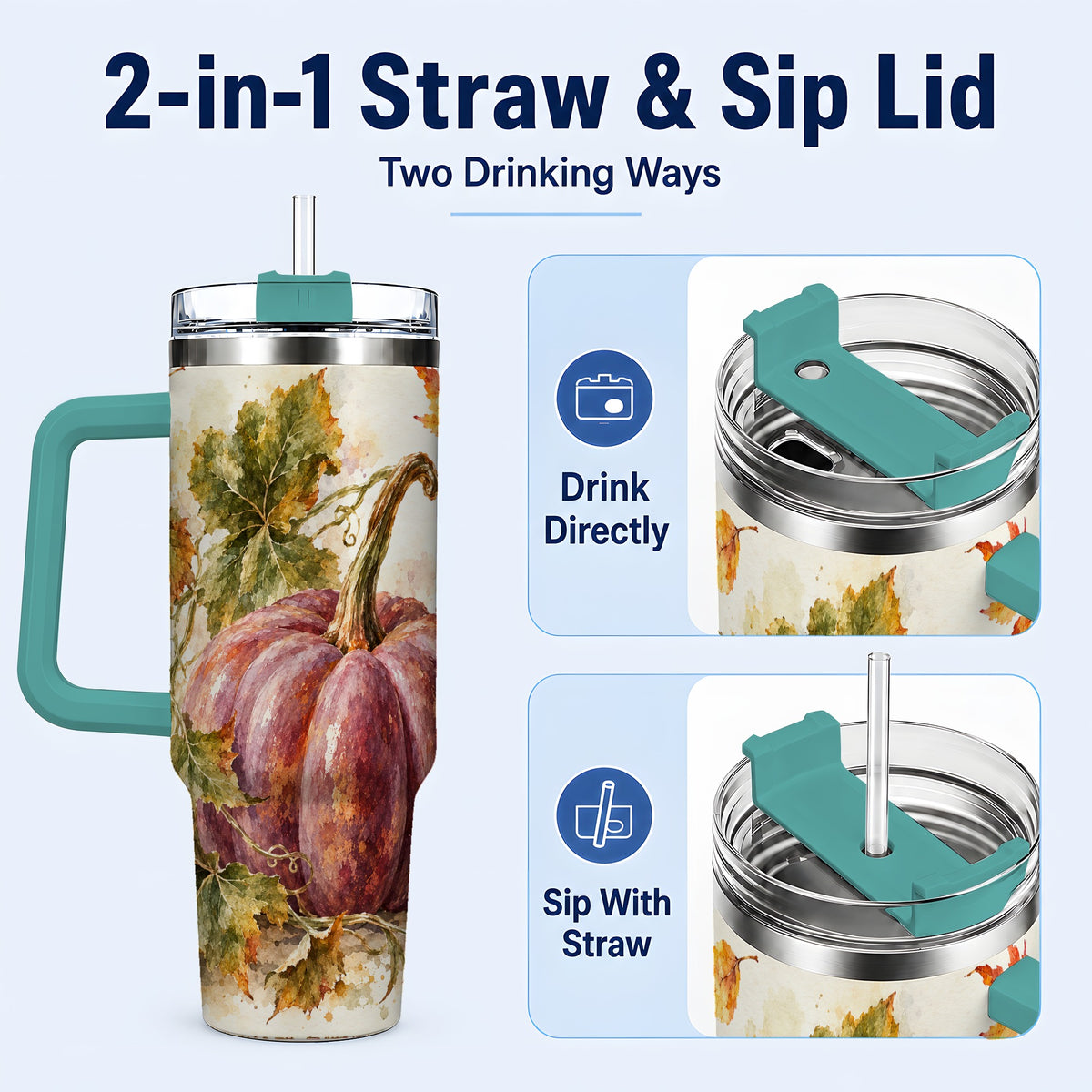 #pl[40oz|Green] Watercolor Pumpkin 40oz Tumbler with Handle, Fall Stainless Steel Cup