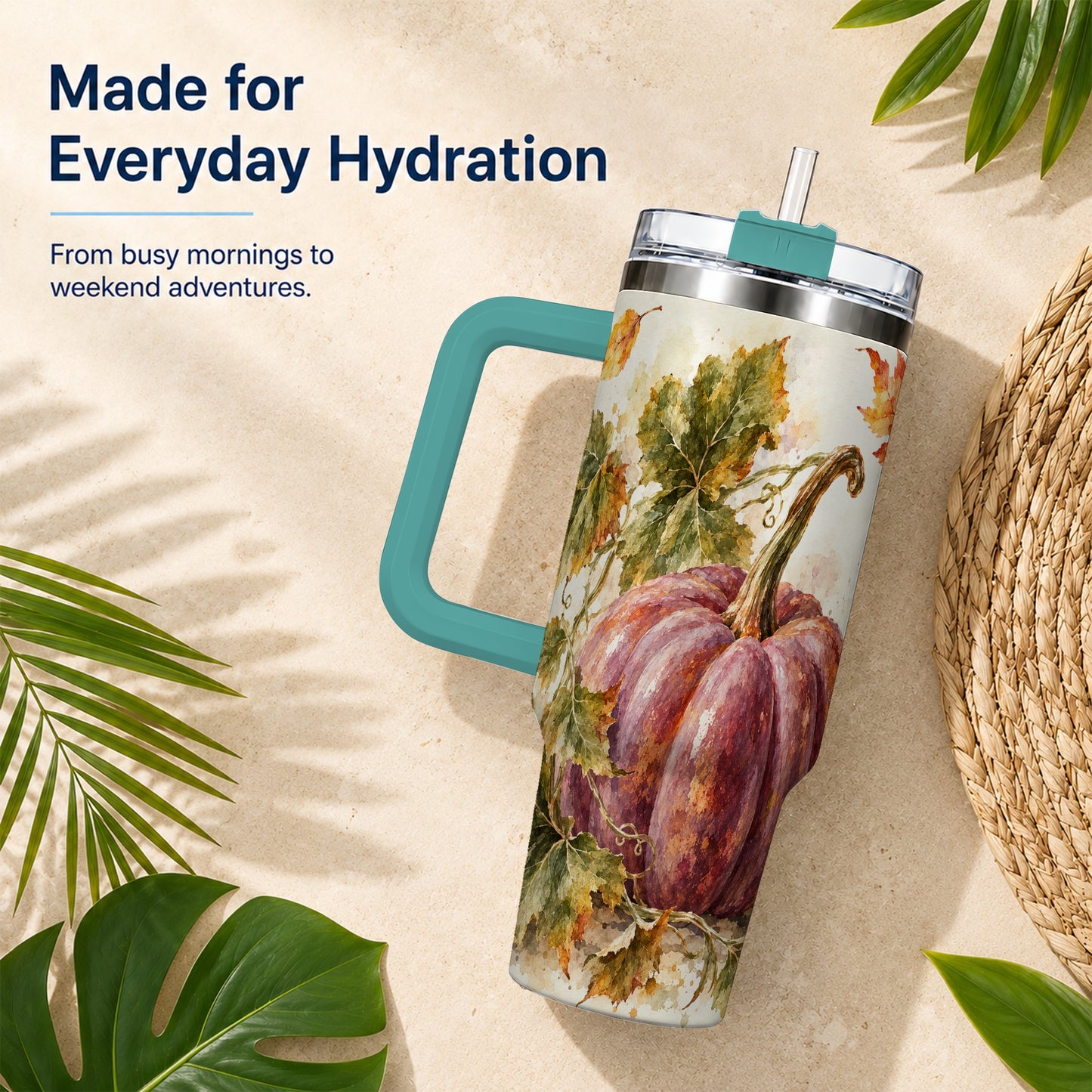 #pl[40oz|Green] Watercolor Pumpkin 40oz Tumbler with Handle, Fall Stainless Steel Cup