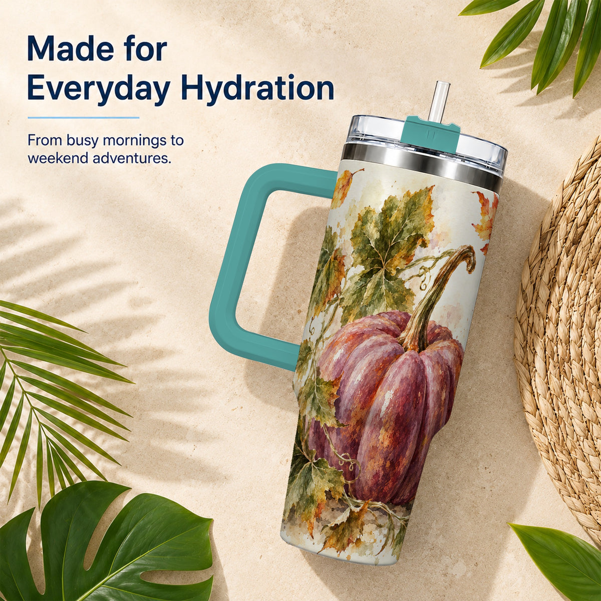 #pl[40oz|Green] Watercolor Pumpkin 40oz Tumbler with Handle, Fall Stainless Steel Cup