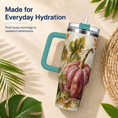 #pl[40oz|Green] Watercolor Pumpkin 40oz Tumbler with Handle, Fall Stainless Steel Cup