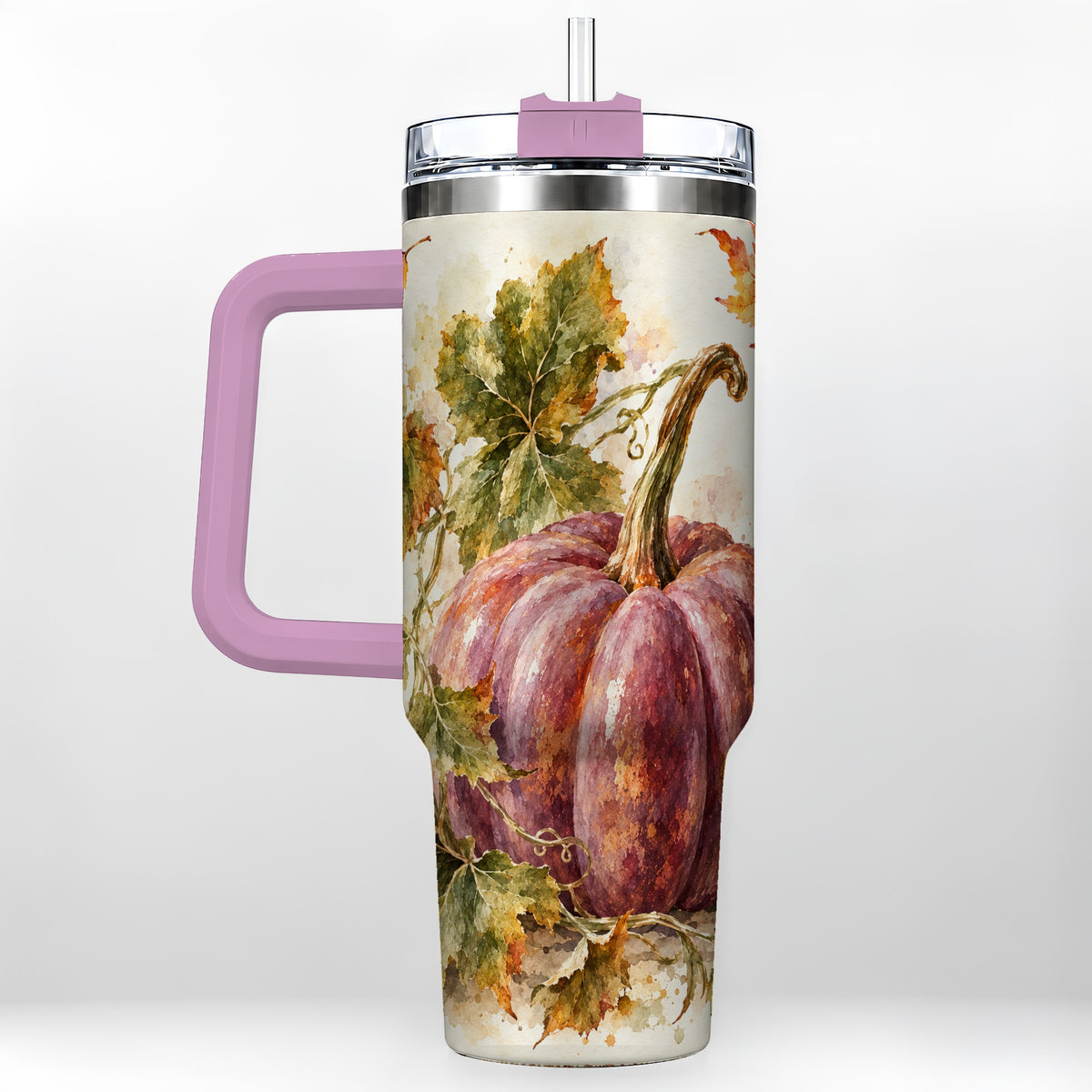 #pl[40oz|Pink] Watercolor Pumpkin 40oz Tumbler with Handle, Fall Stainless Steel Cup