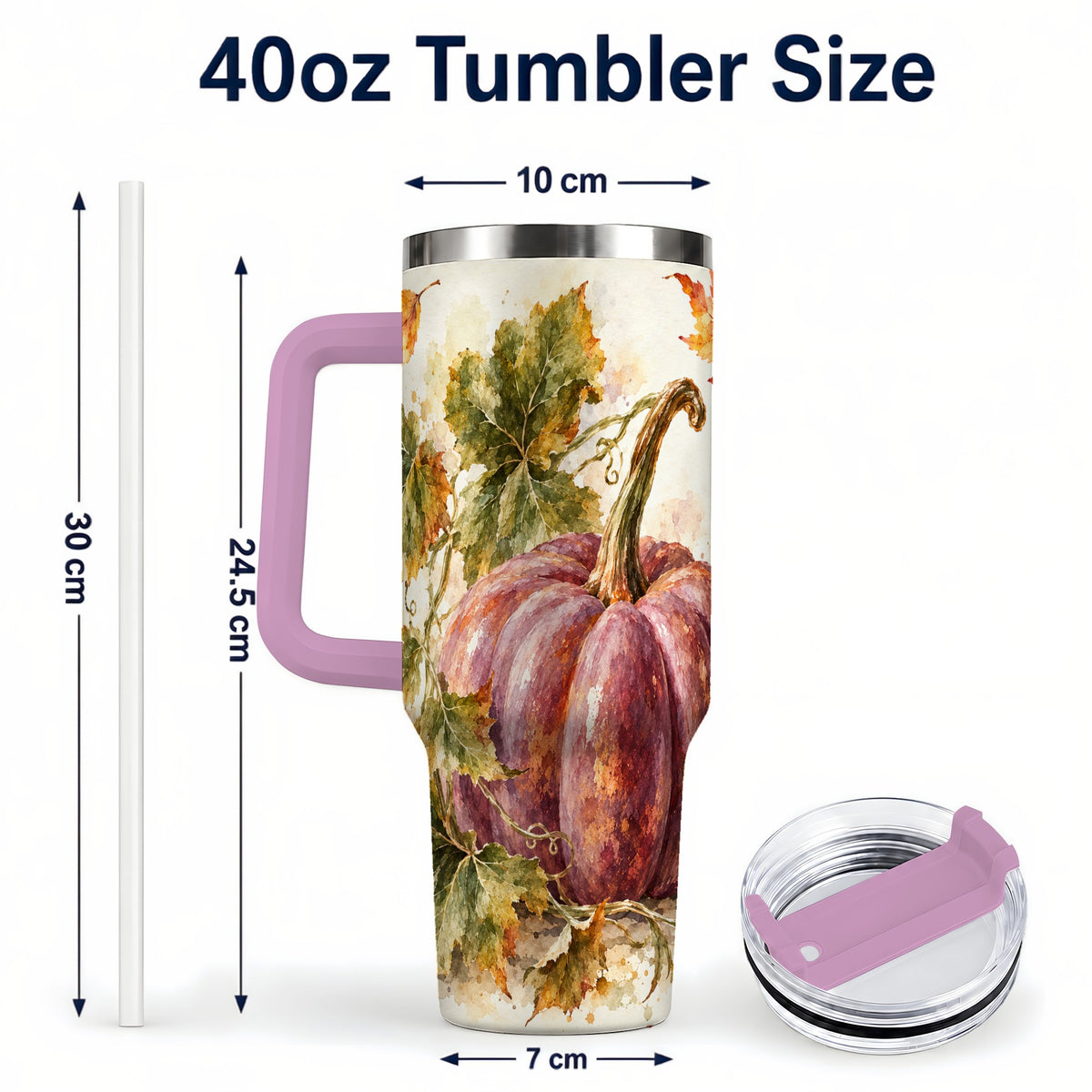 #pl[40oz|Pink] Watercolor Pumpkin 40oz Tumbler with Handle, Fall Stainless Steel Cup