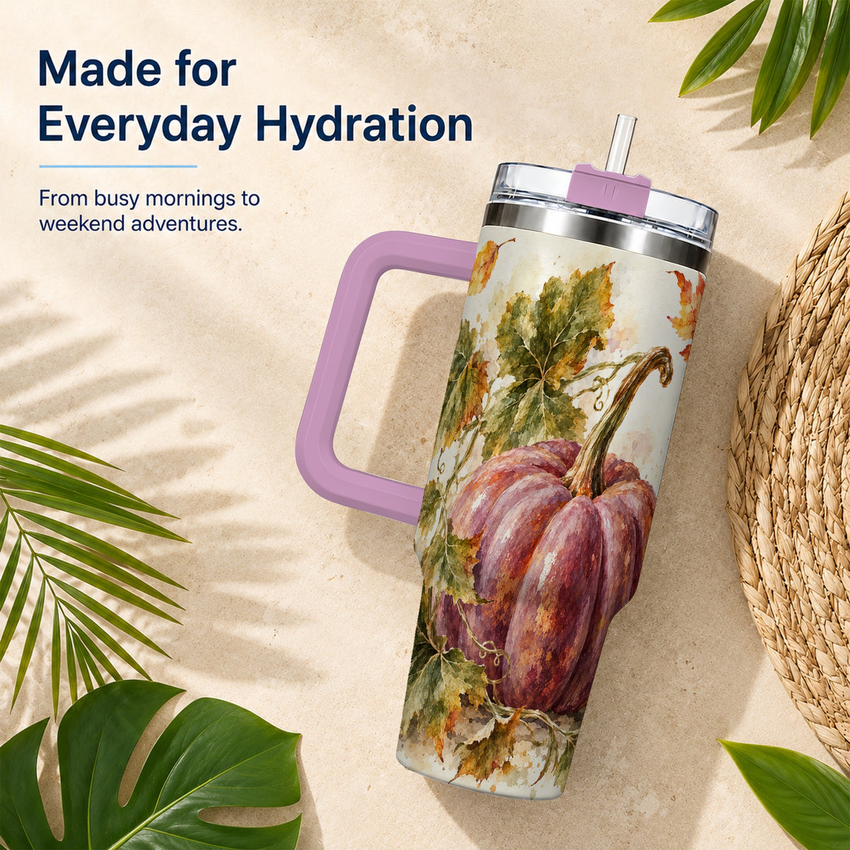 #pl[40oz|Pink] Watercolor Pumpkin 40oz Tumbler with Handle, Fall Stainless Steel Cup
