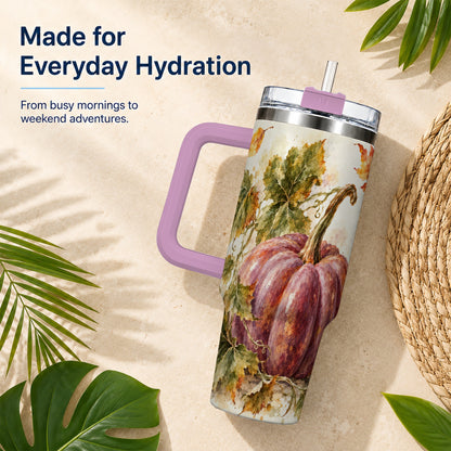 #pl[40oz|Pink] Watercolor Pumpkin 40oz Tumbler with Handle, Fall Stainless Steel Cup