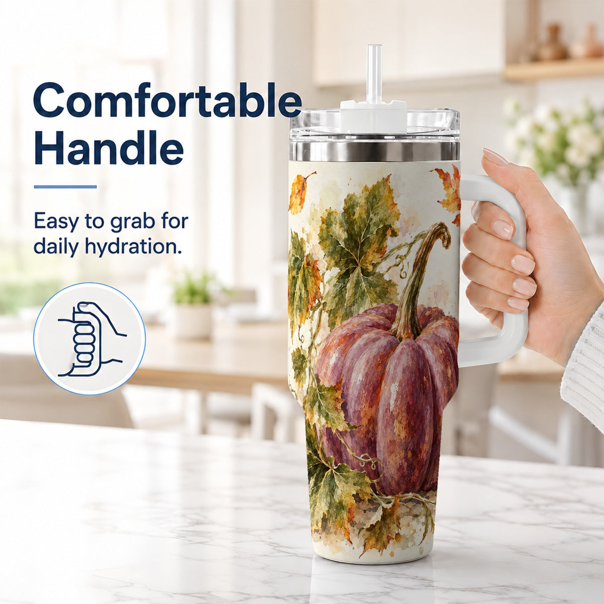 #pl[40oz|White] Watercolor Pumpkin 40oz Tumbler with Handle, Fall Stainless Steel Cup