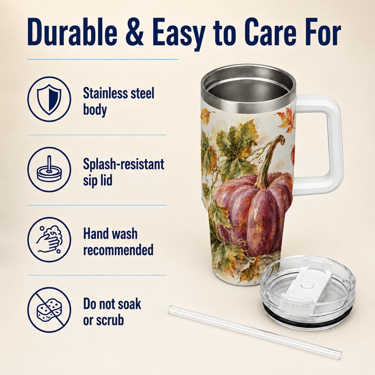 #pl[40oz|White] Watercolor Pumpkin 40oz Tumbler with Handle, Fall Stainless Steel Cup