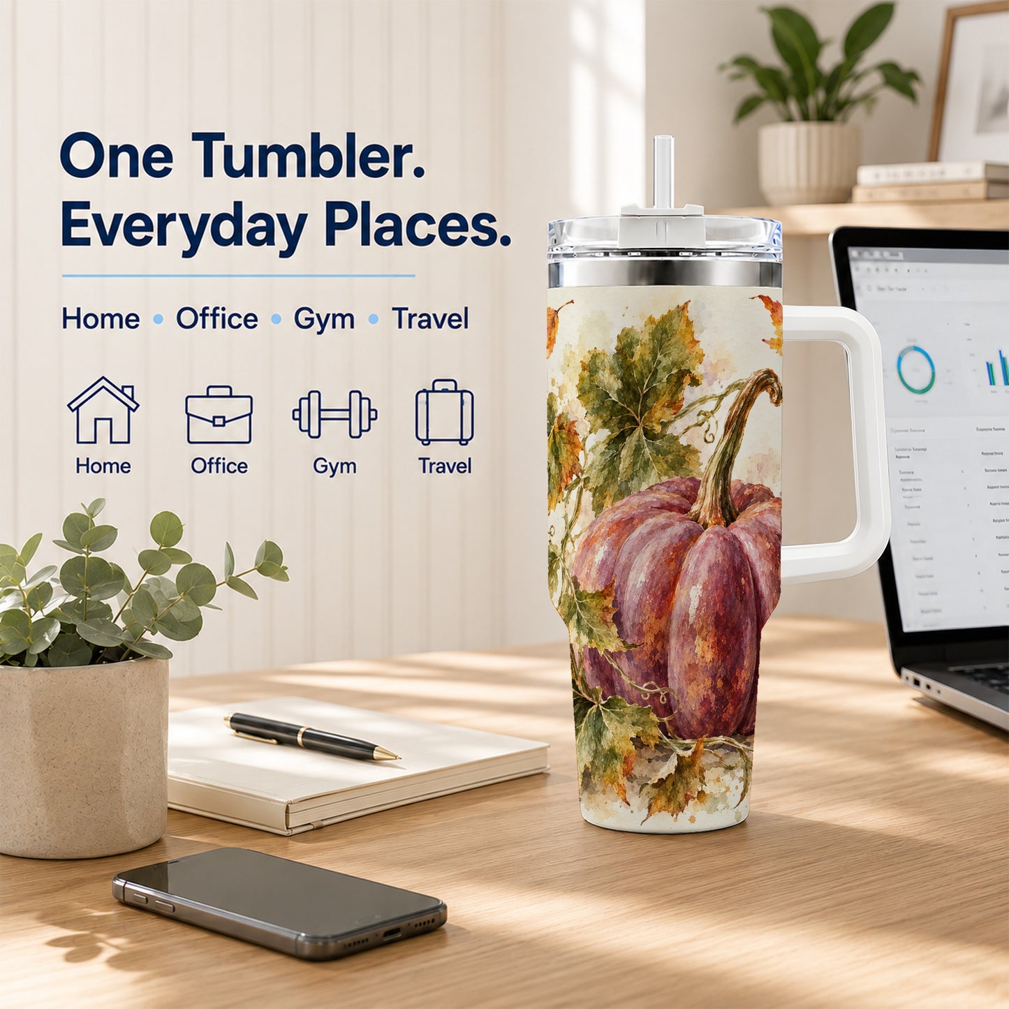 #pl[40oz|White] Watercolor Pumpkin 40oz Tumbler with Handle, Fall Stainless Steel Cup