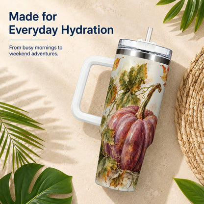 #pl[40oz|White] Watercolor Pumpkin 40oz Tumbler with Handle, Fall Stainless Steel Cup
