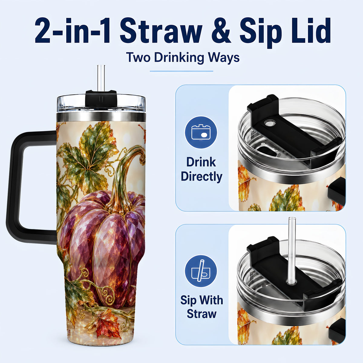 #pl[40oz|Black] Faceted Pumpkin 40oz Tumbler with Handle, Fall Stainless Steel Cup