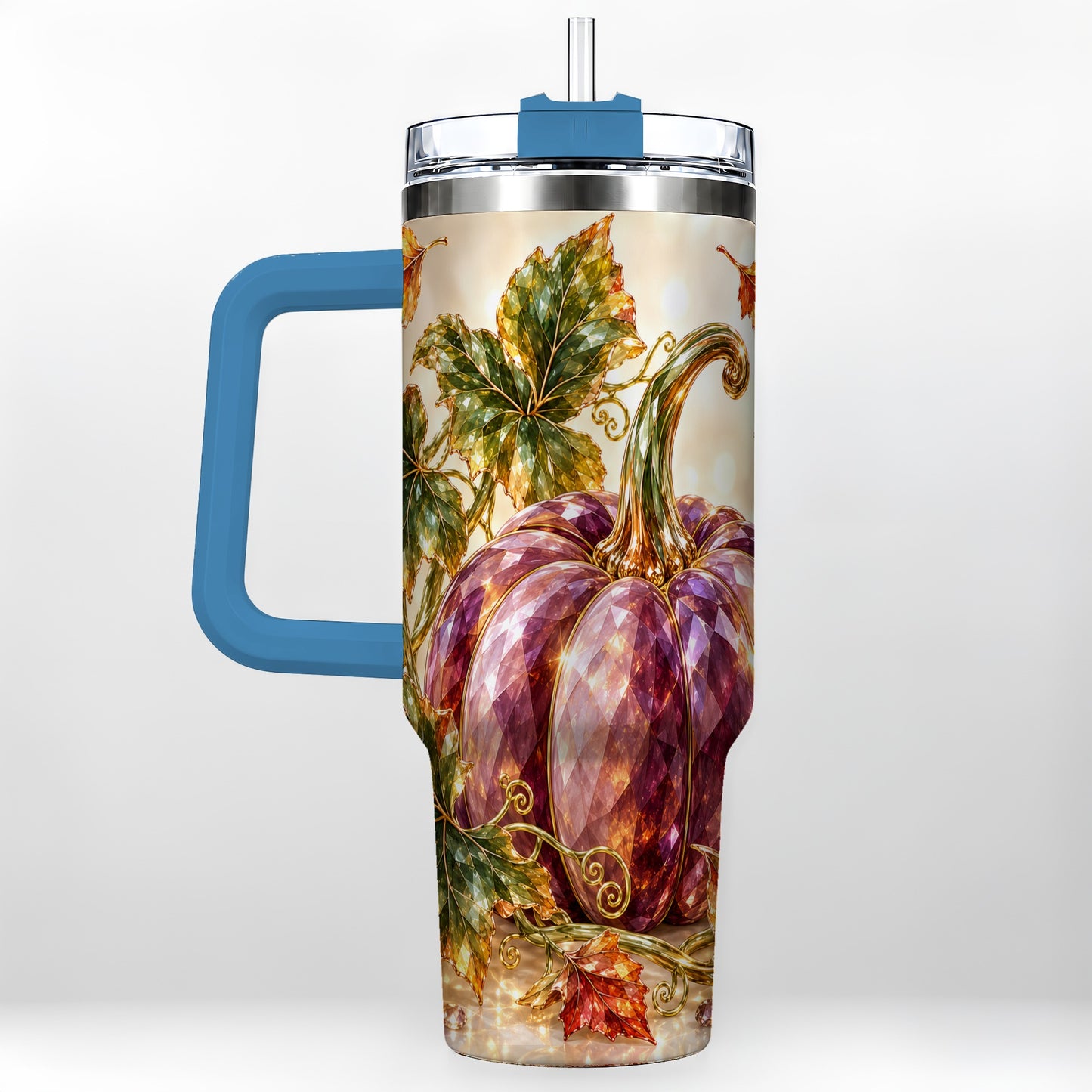 #pl[40oz|Blue] Faceted Pumpkin 40oz Tumbler with Handle, Fall Stainless Steel Cup
