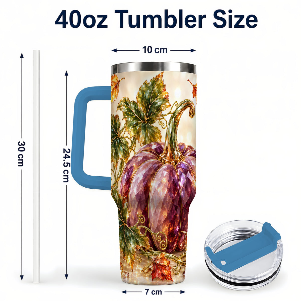 #pl[40oz|Blue] Faceted Pumpkin 40oz Tumbler with Handle, Fall Stainless Steel Cup