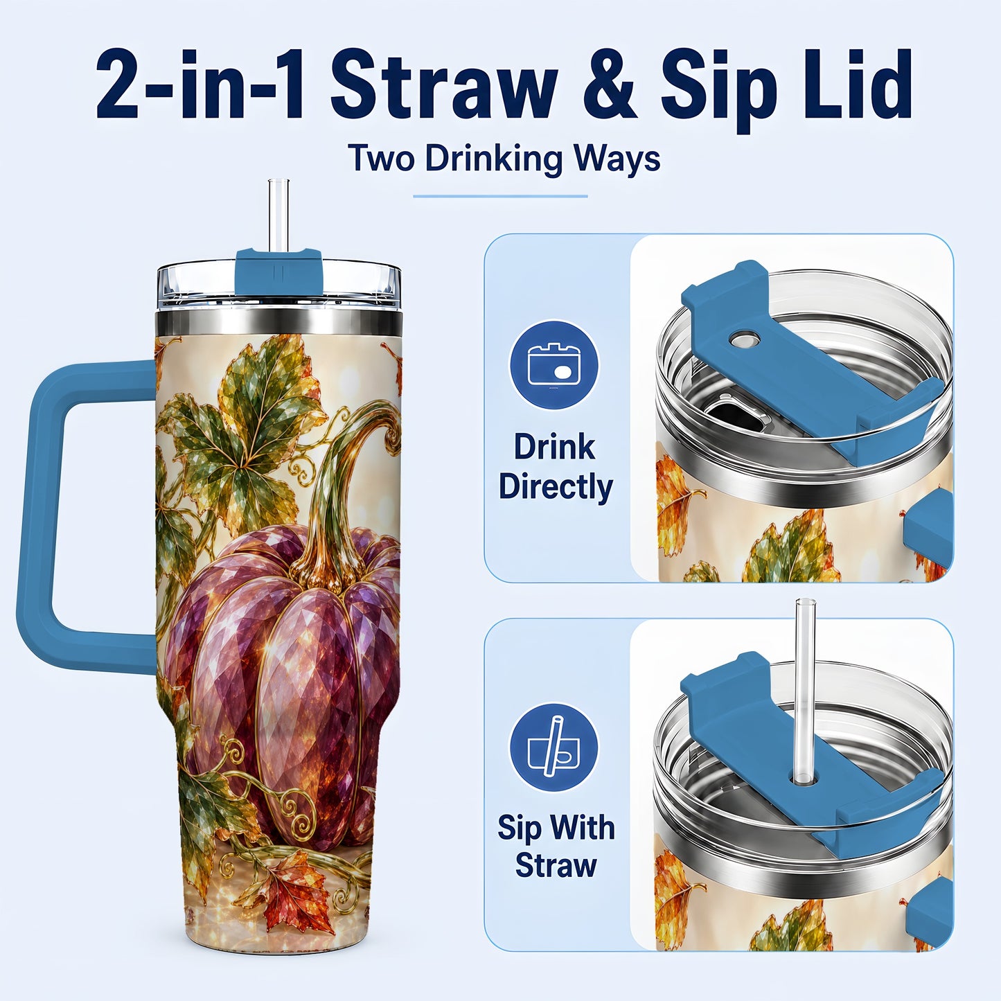 #pl[40oz|Blue] Faceted Pumpkin 40oz Tumbler with Handle, Fall Stainless Steel Cup