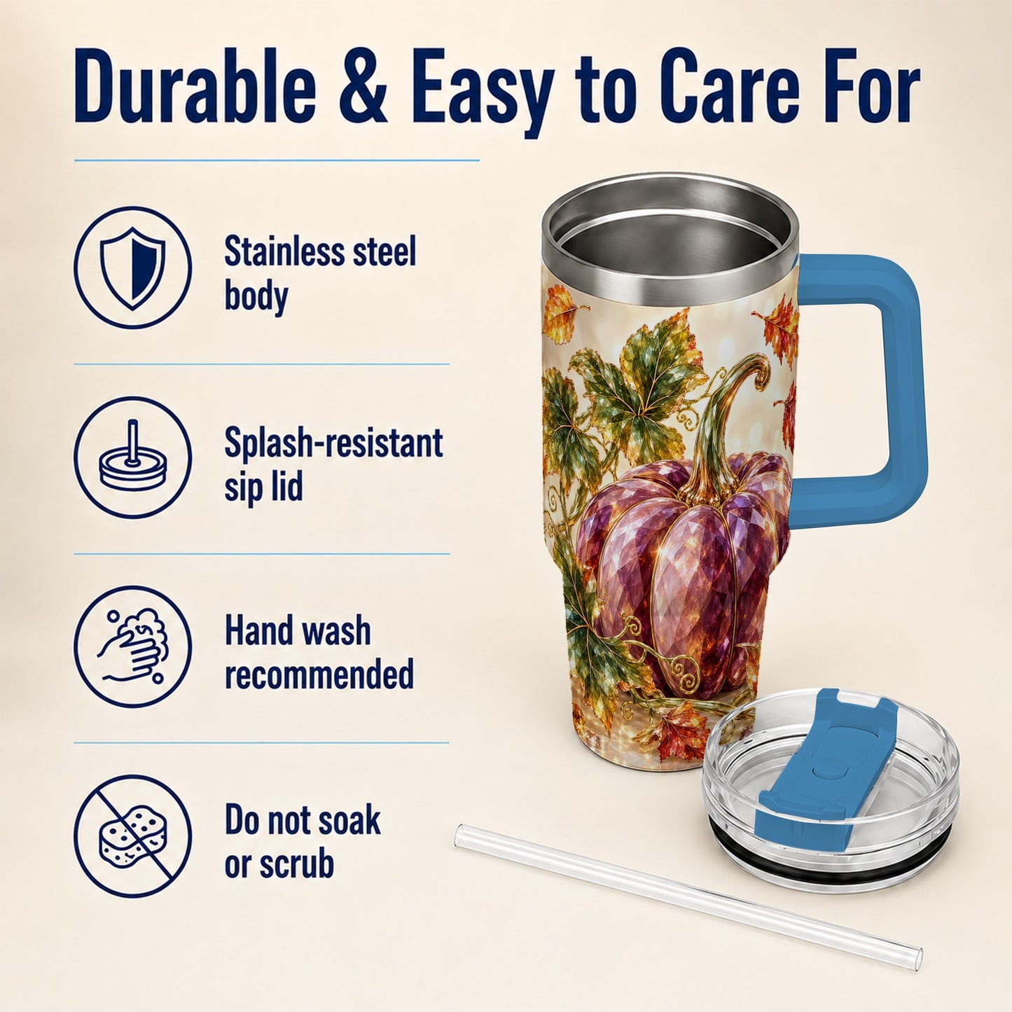 #pl[40oz|Blue] Faceted Pumpkin 40oz Tumbler with Handle, Fall Stainless Steel Cup