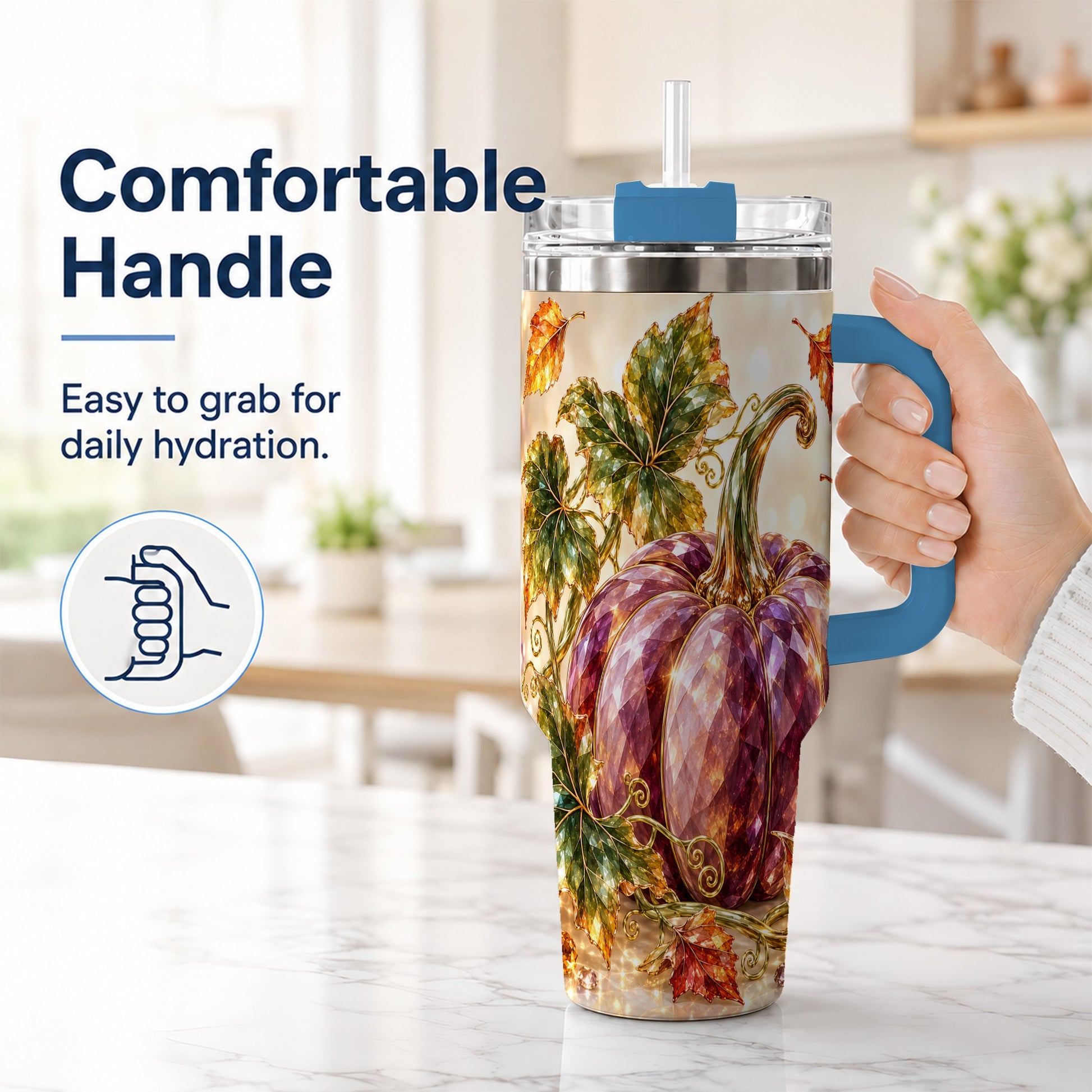#pl[40oz|Blue] Faceted Pumpkin 40oz Tumbler with Handle, Fall Stainless Steel Cup