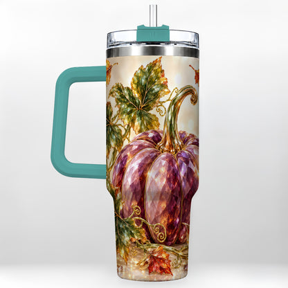 #pl[40oz|Green] Faceted Pumpkin 40oz Tumbler with Handle, Fall Stainless Steel Cup