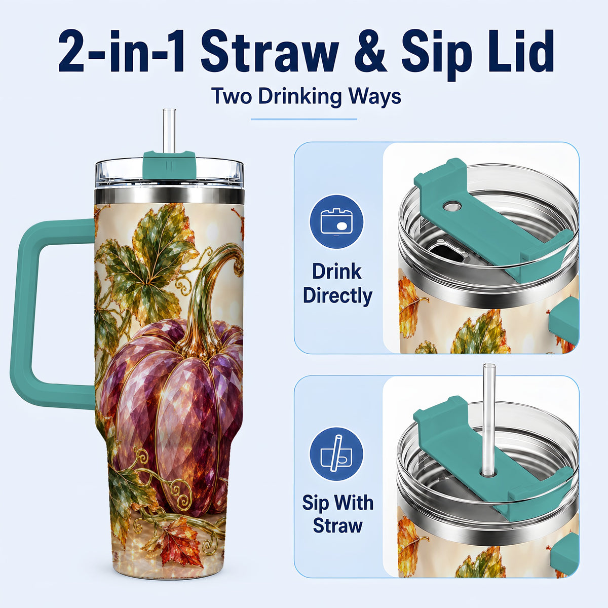 #pl[40oz|Green] Faceted Pumpkin 40oz Tumbler with Handle, Fall Stainless Steel Cup