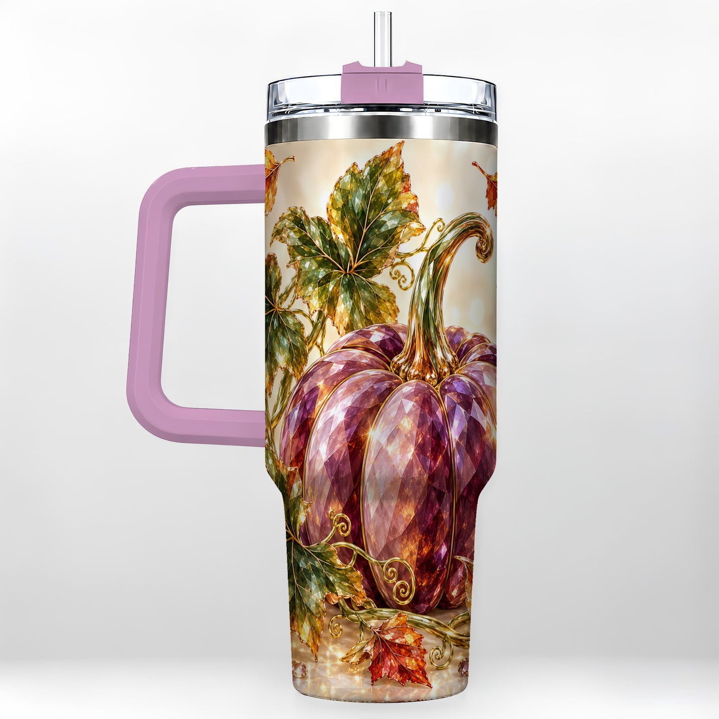 #pl[40oz|Pink] Faceted Pumpkin 40oz Tumbler with Handle, Fall Stainless Steel Cup
