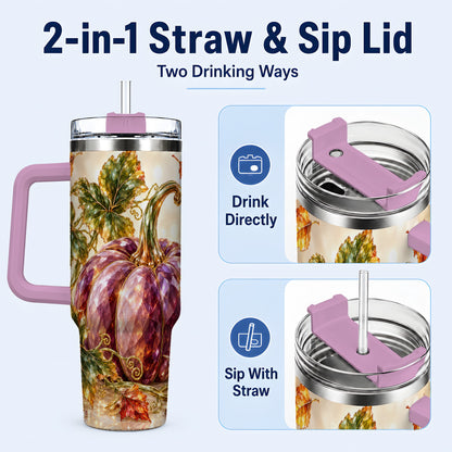 #pl[40oz|Pink] Faceted Pumpkin 40oz Tumbler with Handle, Fall Stainless Steel Cup