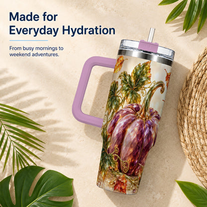 #pl[40oz|Pink] Faceted Pumpkin 40oz Tumbler with Handle, Fall Stainless Steel Cup