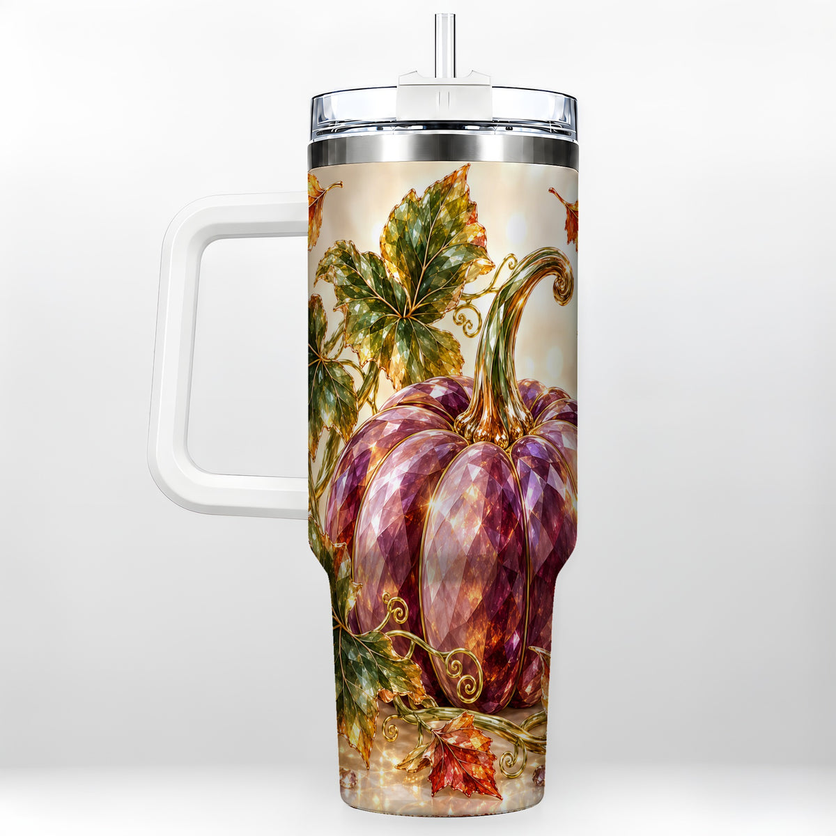 Faceted Pumpkin 40oz Tumbler with Handle, Fall Stainless Steel Cup
