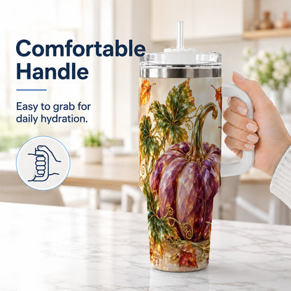 #pl[40oz|White] Faceted Pumpkin 40oz Tumbler with Handle, Fall Stainless Steel Cup