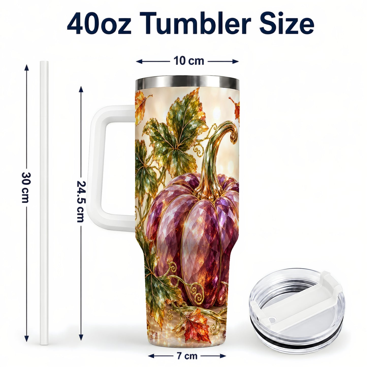 #pl[40oz|White] Faceted Pumpkin 40oz Tumbler with Handle, Fall Stainless Steel Cup