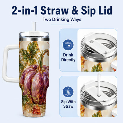 #pl[40oz|White] Faceted Pumpkin 40oz Tumbler with Handle, Fall Stainless Steel Cup