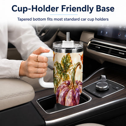 #pl[40oz|White] Faceted Pumpkin 40oz Tumbler with Handle, Fall Stainless Steel Cup