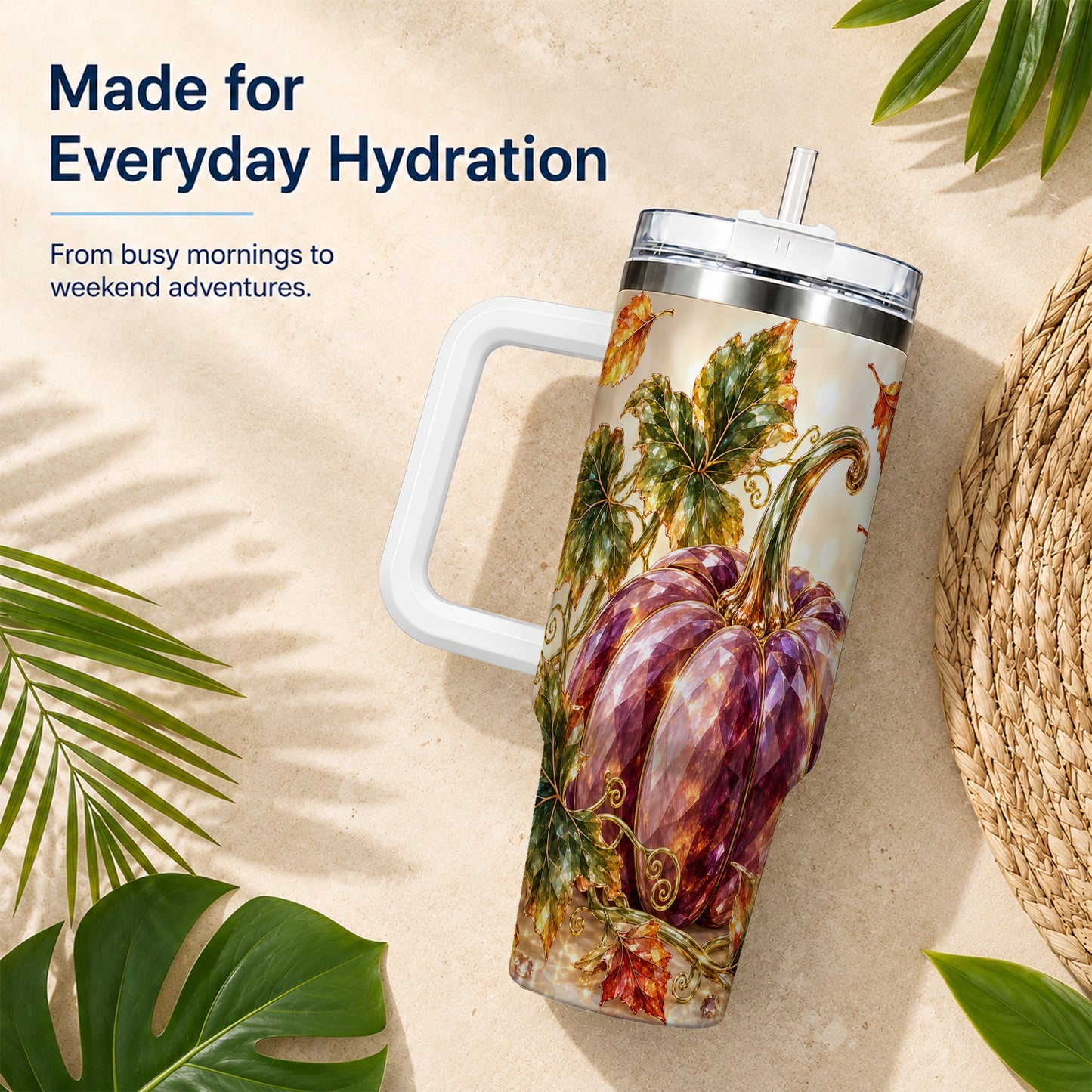 #pl[40oz|White] Faceted Pumpkin 40oz Tumbler with Handle, Fall Stainless Steel Cup