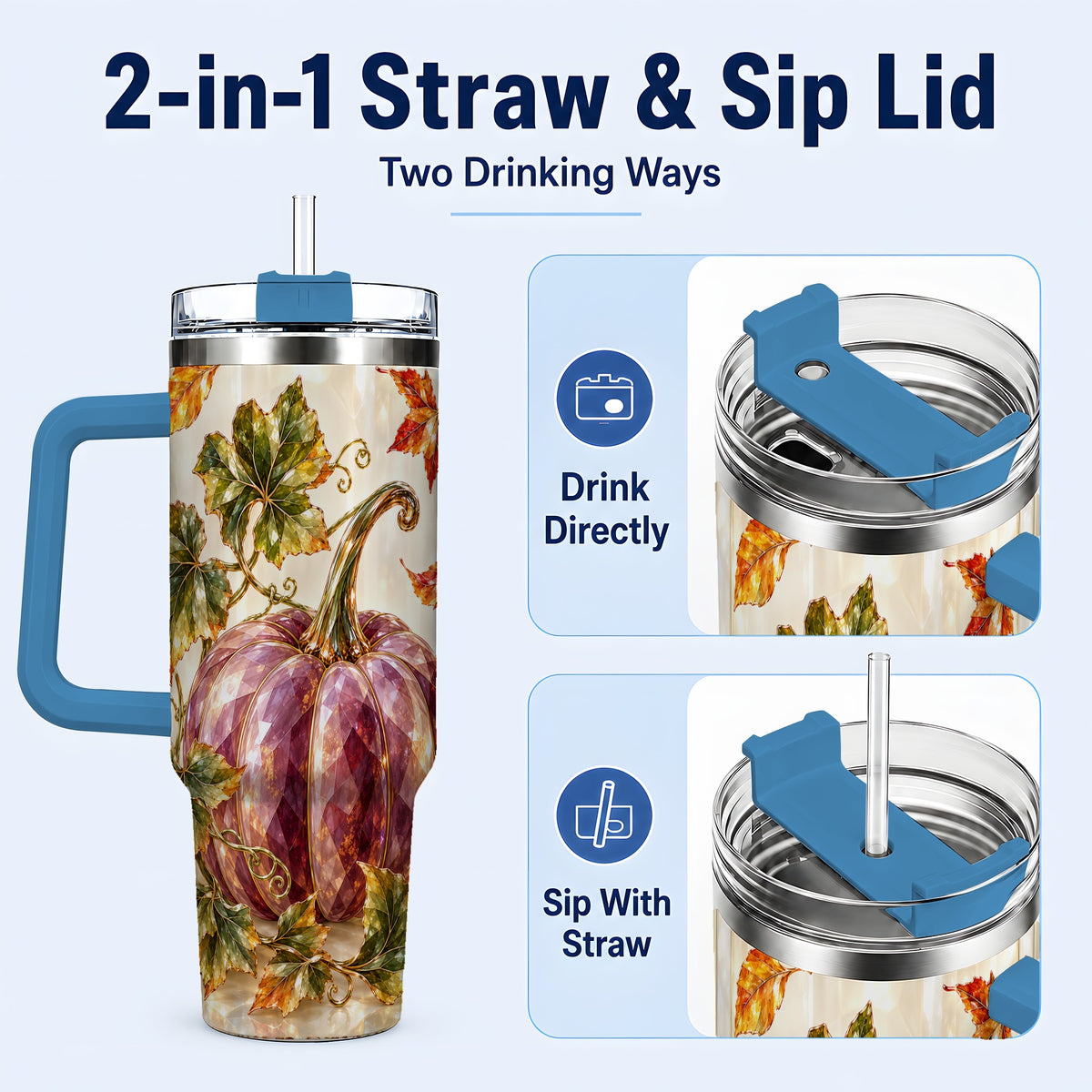 #pl[40oz|Blue] Purple Pumpkin 40oz Tumbler with Handle, Fall Stainless Steel Travel Cup
