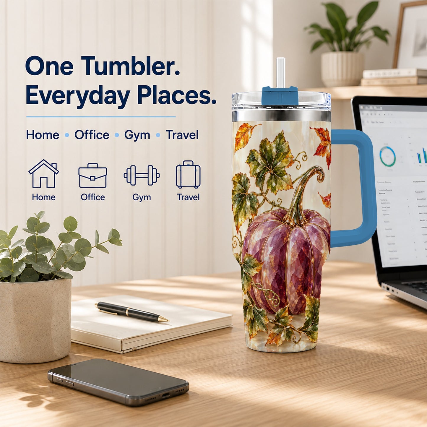 #pl[40oz|Blue] Purple Pumpkin 40oz Tumbler with Handle, Fall Stainless Steel Travel Cup