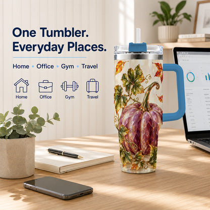 #pl[40oz|Blue] Purple Pumpkin 40oz Tumbler with Handle, Fall Stainless Steel Travel Cup