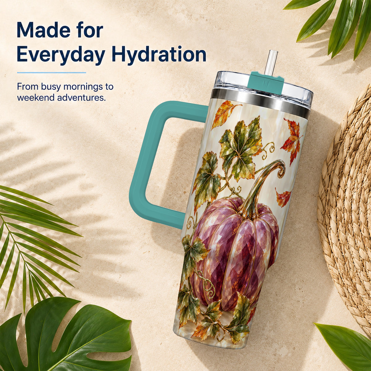#pl[40oz|Green] Purple Pumpkin 40oz Tumbler with Handle, Fall Stainless Steel Travel Cup