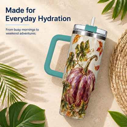 #pl[40oz|Green] Purple Pumpkin 40oz Tumbler with Handle, Fall Stainless Steel Travel Cup