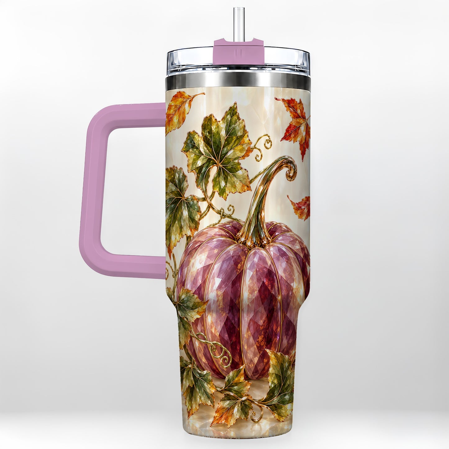 #pl[40oz|Pink] Purple Pumpkin 40oz Tumbler with Handle, Fall Stainless Steel Travel Cup