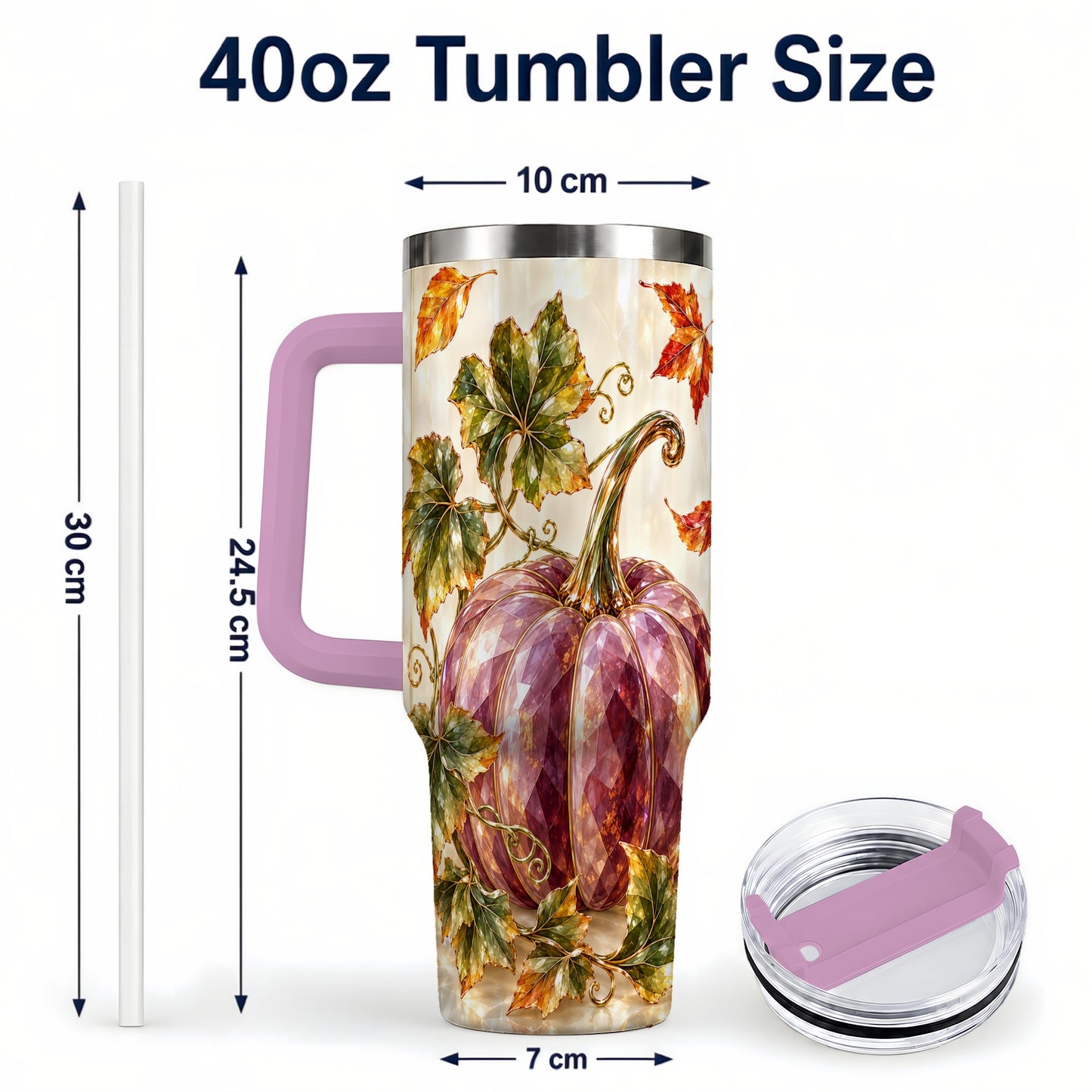 #pl[40oz|Pink] Purple Pumpkin 40oz Tumbler with Handle, Fall Stainless Steel Travel Cup