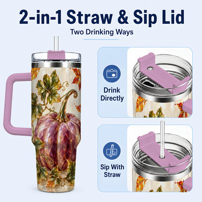 #pl[40oz|Pink] Purple Pumpkin 40oz Tumbler with Handle, Fall Stainless Steel Travel Cup