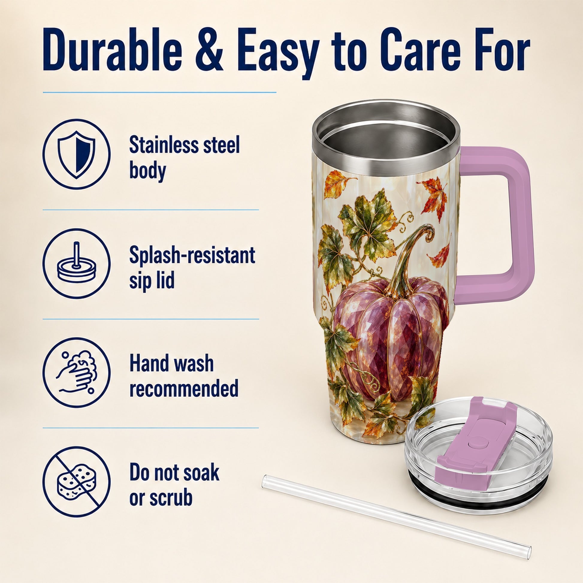 #pl[40oz|Pink] Purple Pumpkin 40oz Tumbler with Handle, Fall Stainless Steel Travel Cup
