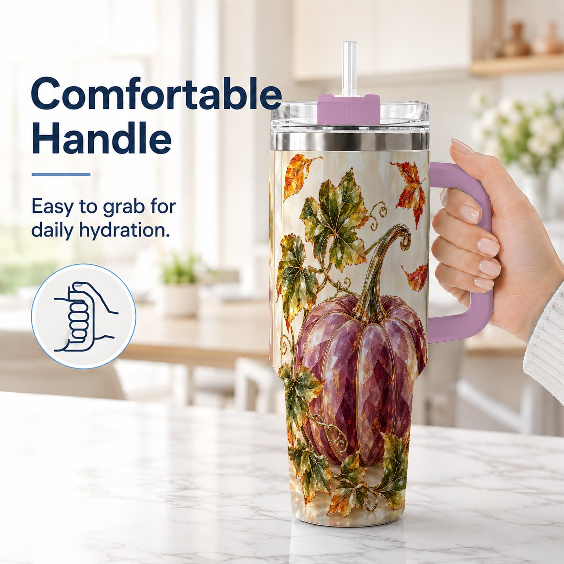 #pl[40oz|Pink] Purple Pumpkin 40oz Tumbler with Handle, Fall Stainless Steel Travel Cup