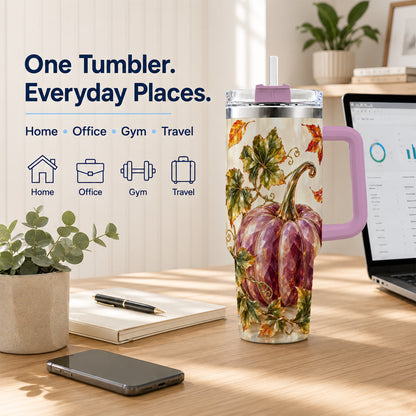 #pl[40oz|Pink] Purple Pumpkin 40oz Tumbler with Handle, Fall Stainless Steel Travel Cup