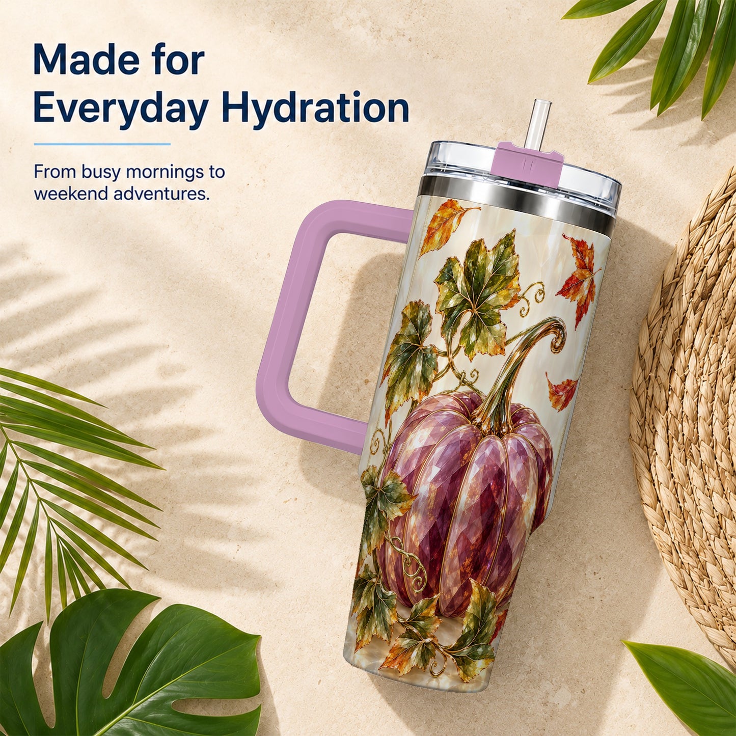 #pl[40oz|Pink] Purple Pumpkin 40oz Tumbler with Handle, Fall Stainless Steel Travel Cup