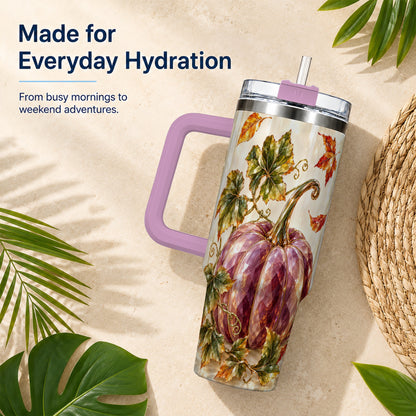 #pl[40oz|Pink] Purple Pumpkin 40oz Tumbler with Handle, Fall Stainless Steel Travel Cup