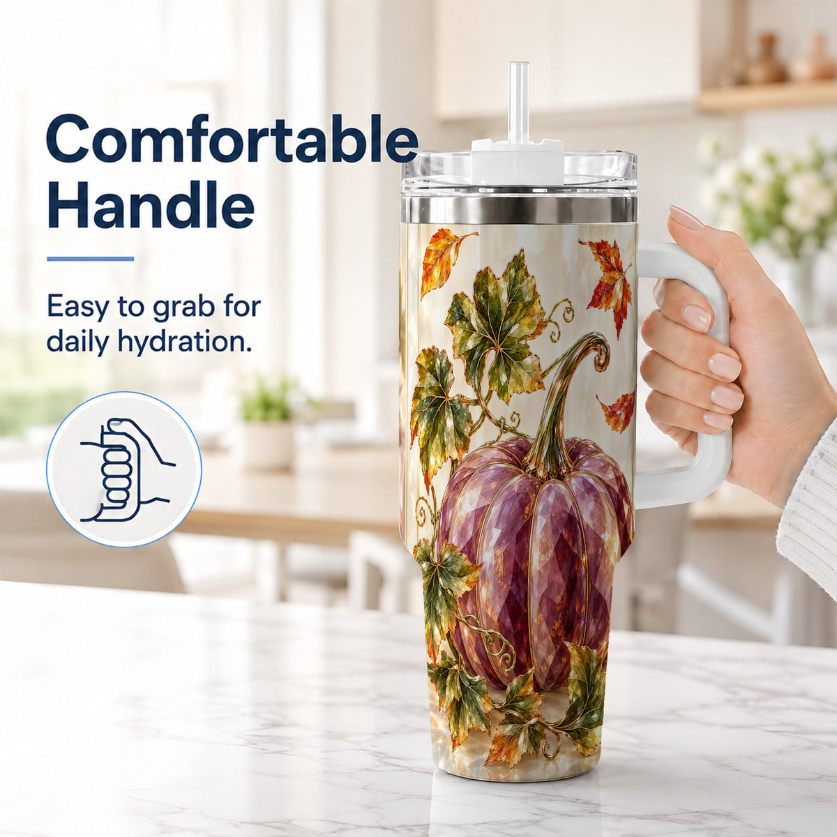 #pl[40oz|White] Purple Pumpkin 40oz Tumbler with Handle, Fall Stainless Steel Travel Cup