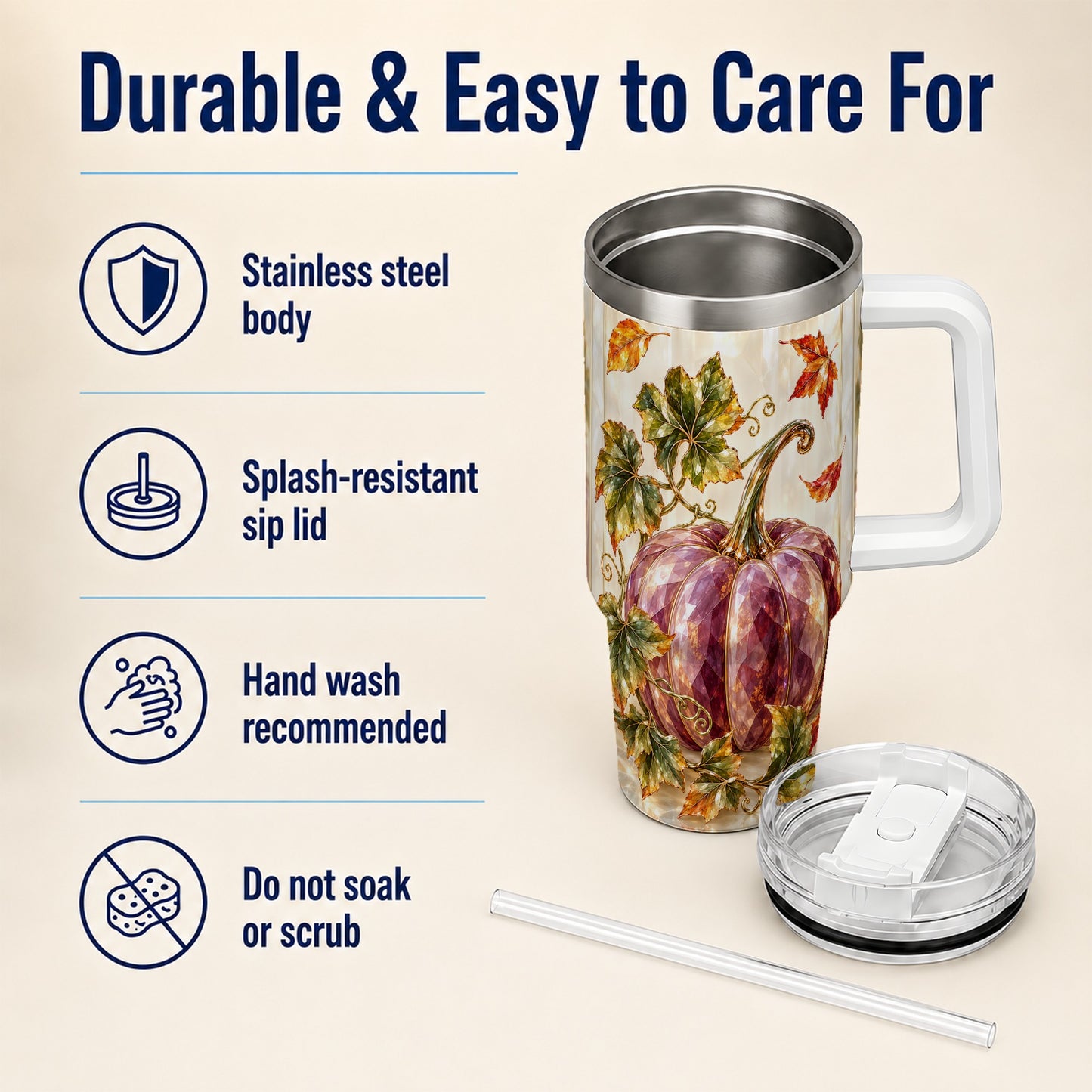 #pl[40oz|White] Purple Pumpkin 40oz Tumbler with Handle, Fall Stainless Steel Travel Cup