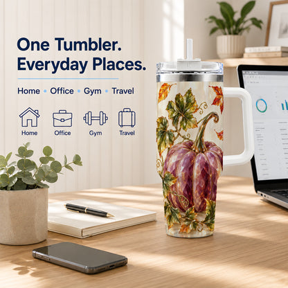 #pl[40oz|White] Purple Pumpkin 40oz Tumbler with Handle, Fall Stainless Steel Travel Cup