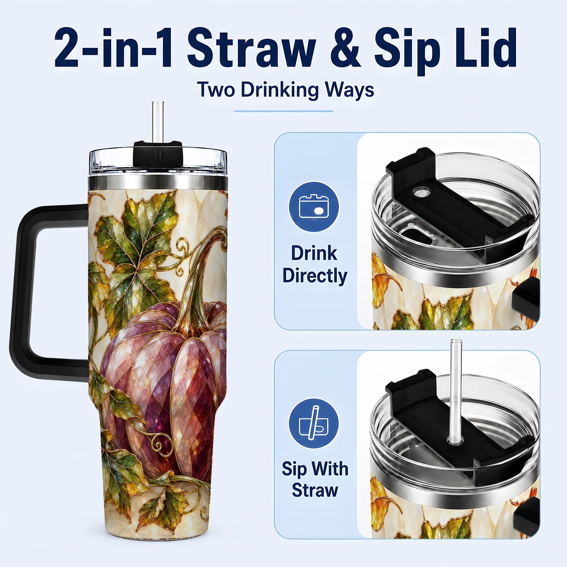 #pl[40oz|Black] Jeweled Pumpkin 40oz Tumbler with Handle, Autumn Stainless Steel Cup