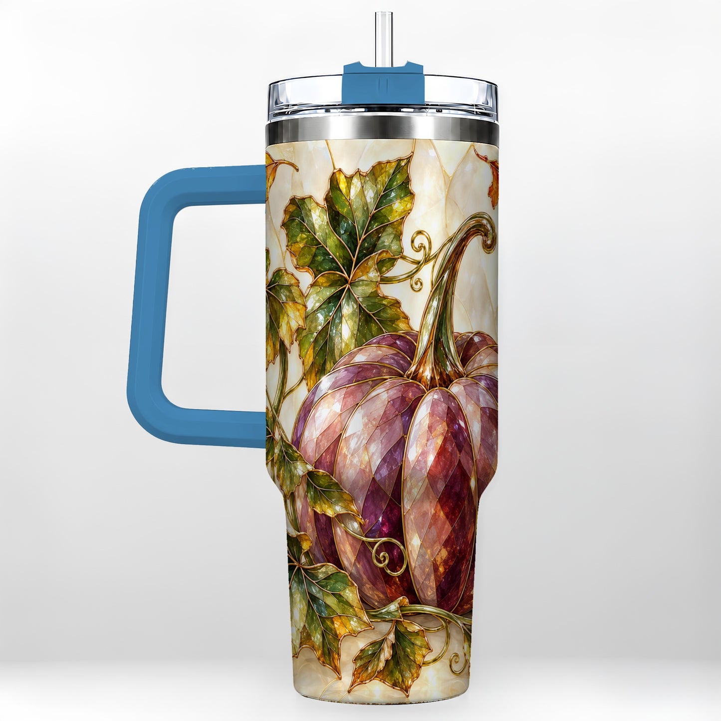 #pl[40oz|Blue] Jeweled Pumpkin 40oz Tumbler with Handle, Autumn Stainless Steel Cup