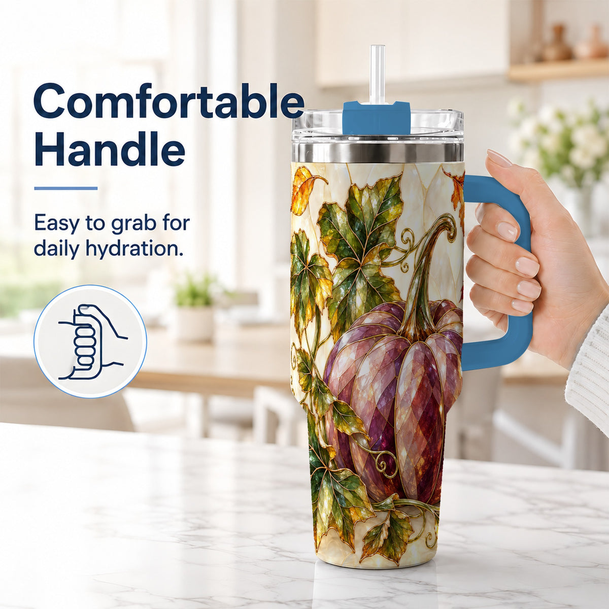 #pl[40oz|Blue] Jeweled Pumpkin 40oz Tumbler with Handle, Autumn Stainless Steel Cup